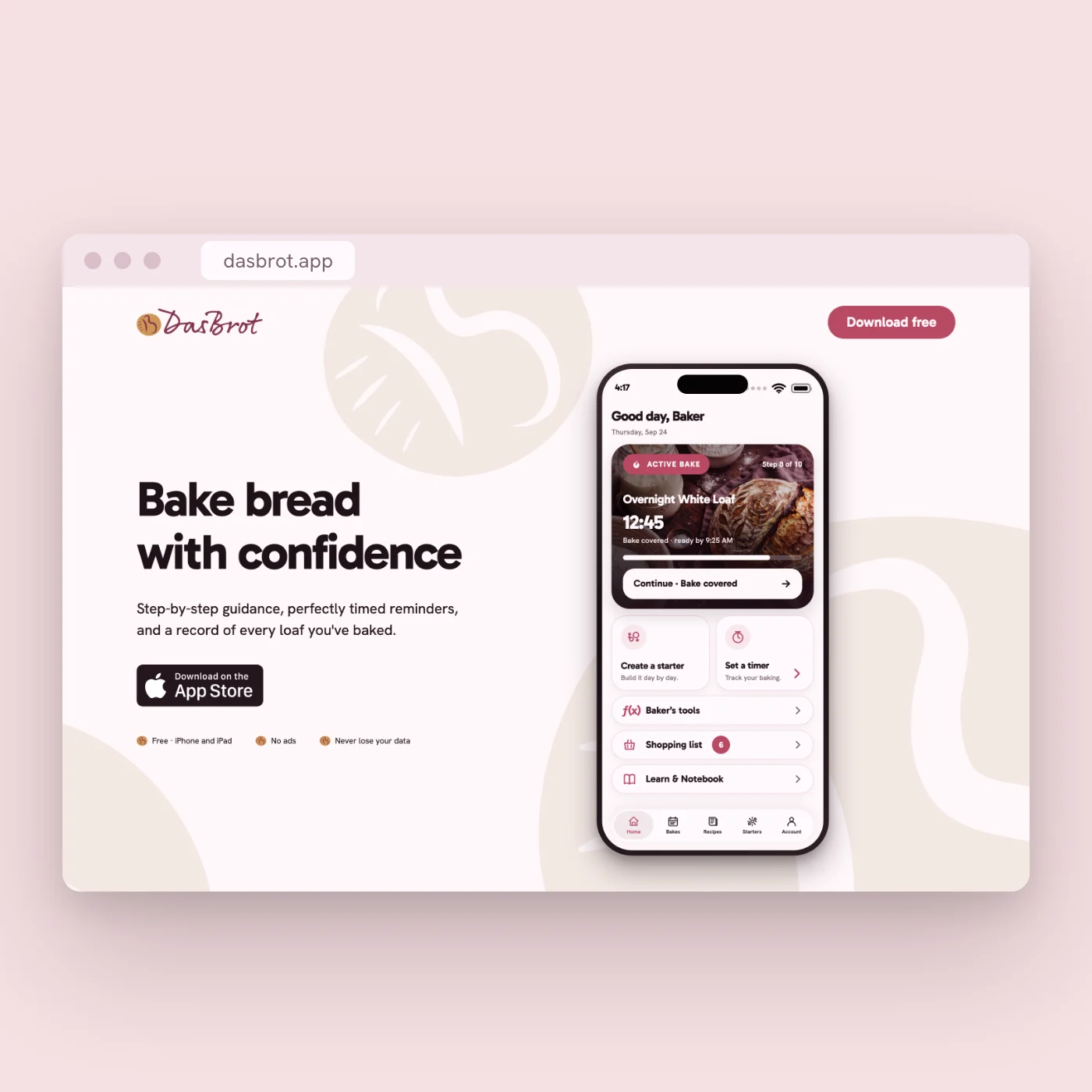 The dasbrot.app homepage in a browser window, headed Bake bread with confidence, beside the app on a phone.