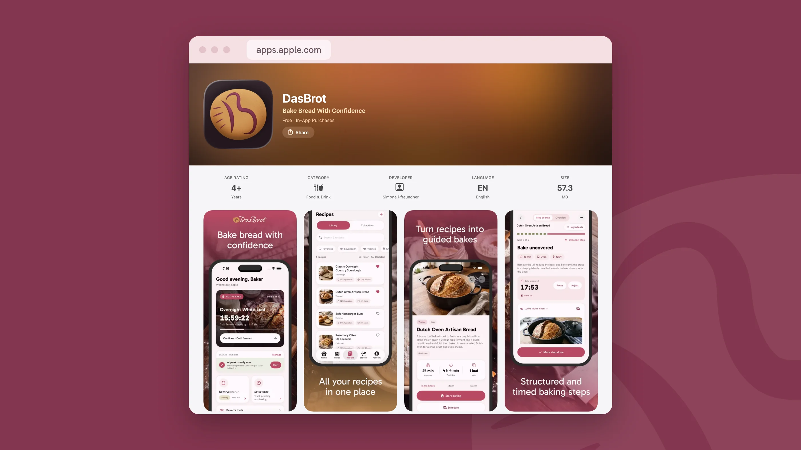 The DasBrot listing on the App Store: the app icon, Bake Bread With Confidence, free with in-app purchases, and four screenshots.
