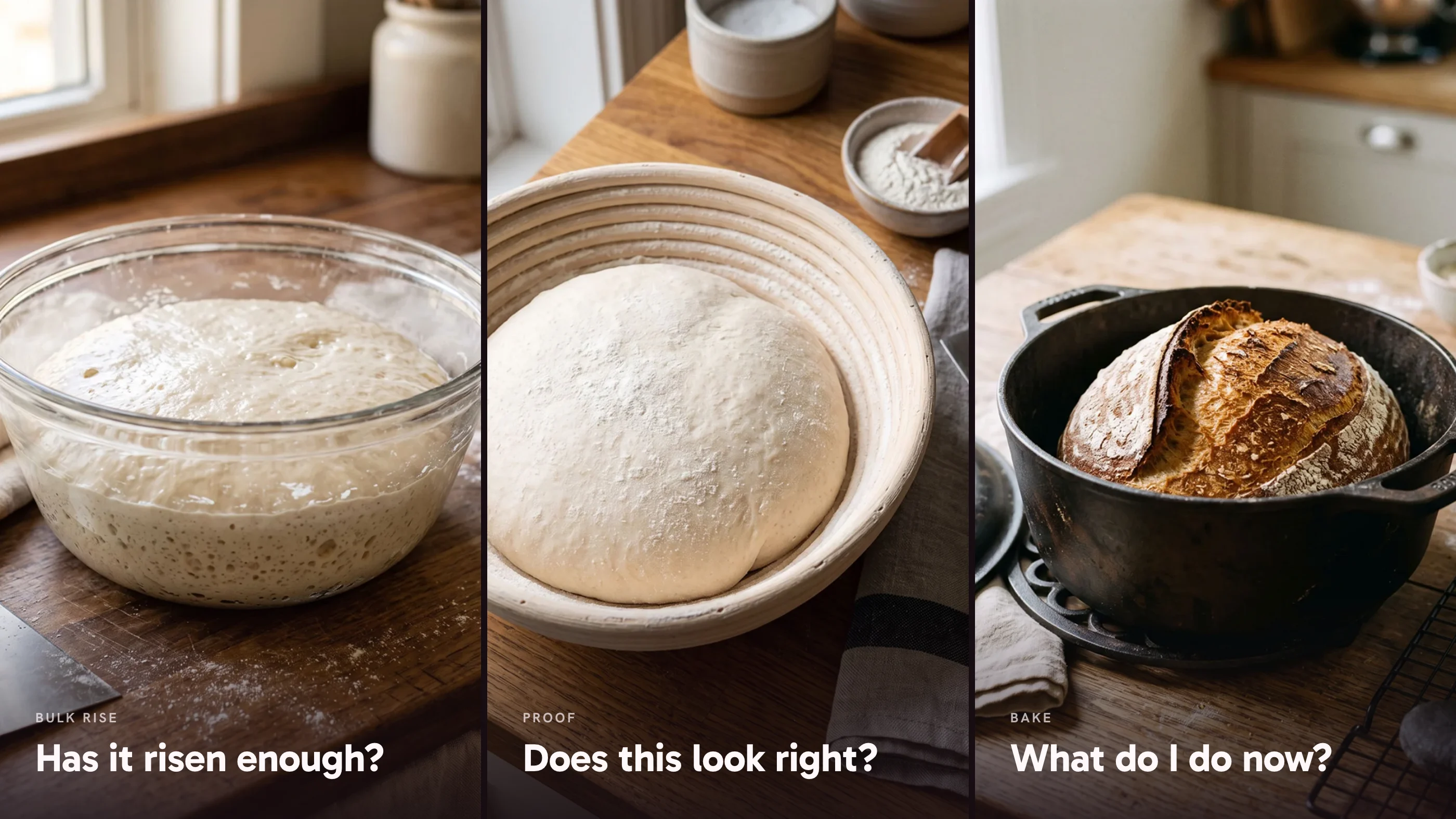 Three stages of a sourdough bake, bulk rise, proof and bake, each labelled with the question bakers ask at that point.