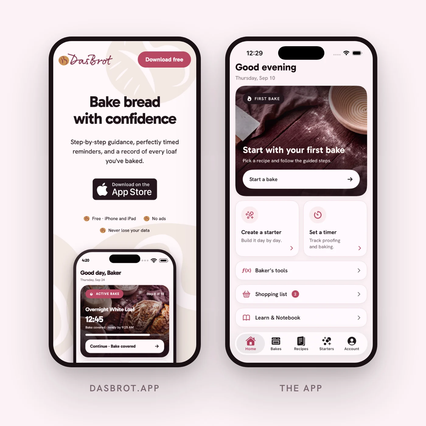 dasbrot.app on a phone beside the DasBrot app, sharing the same palette and type.