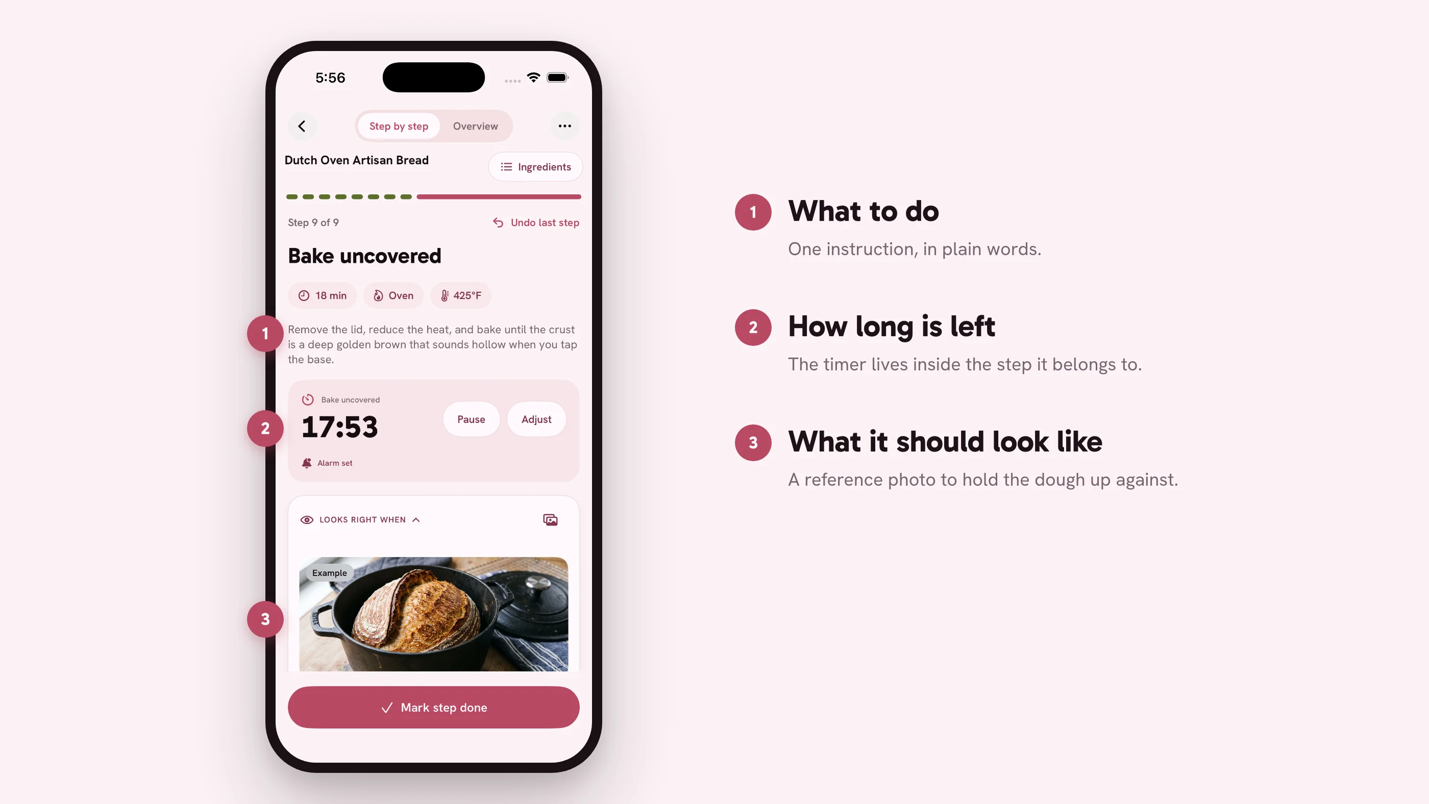 The DasBrot live step on iPhone, annotated: 1, the instruction; 2, the running timer; 3, the reference photo of the finished loaf.